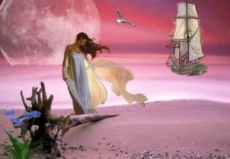 a pink night - moon, girl, sand, boat