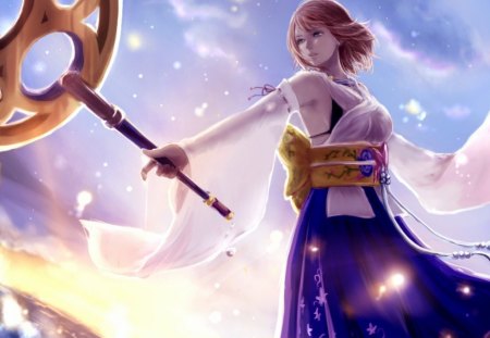 Yuna - wand, anime, female, dress, final fantasy x, final fantasy, short hair, final fantasy 10, ff10, weapon, yuna, sky, ffx, beautiful, staff, scepter, brown hair, final fantasy series, waistband, games, video games, lone