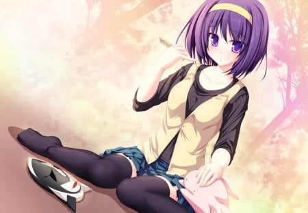 Moribe Chikage - 77, purple, mask, yellow, anime, anime girl, moribe chikage, spring