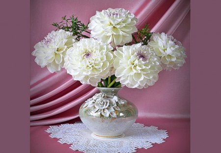 Delightful Dahlia - flowers, vase, pretty, white, doiley, dahlia, pink drape