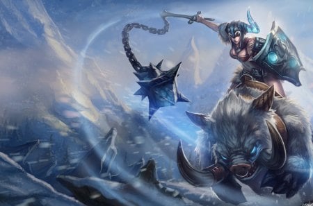 Sejuani - league of legends, boar, snow, weapon, sejuani, games, video games, shield