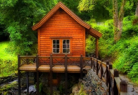 Forest cabin - forest, creek, beautiful, cottage, cabin, grass, river, nature, red, stream, water, peaceful, calmness, fence, woods, house, trees, green