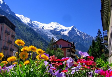 Rest house in high mountain - relax, summer, high, beautiful, snowy, blue sky, peaks, rest, mountain, flowers, slopes, colorful, nature, holiday, houses, sky