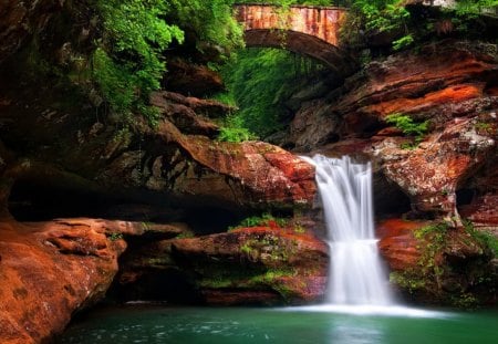 Upper falls - cascades, upper, creek, stream, forest, red, nice, emerald, water, beautiful, lovely, stones, fall, river, nature, waterfall, green, bridge, rocks