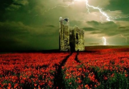 Lightening Strikes - stone, sky, red, castle, night, field, storm, ruin