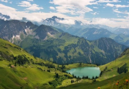 magnificent mountain lake - lake, mountains, cabin, clouds