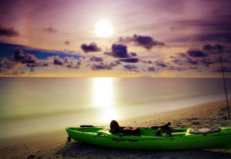 Simply Beautiful - boat, beautiful, beach, fishing, amazing, ocean, view, nature, sunset, colorful, beauty, sun, peaceful, shore, sky, sand, reflection, sunlight, clouds, lovely, splendor, sea, colors, boats, sunrise