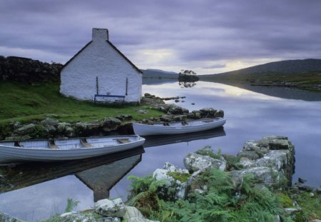 lake house in connemara county ireland - lake, house, boats, clouds