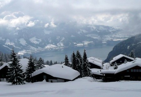 beautiful mountain village in switzerland - village, lake, winter, mountain