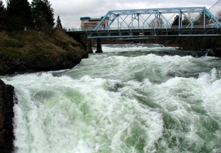 bridge over a raging river - river, rapids, rocks, bridge