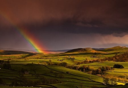 gorgeous rainbow over farmlands - fields, rainbow, farms, clouds