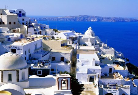 fira village on santorini island greece - village, island, sea, white houses