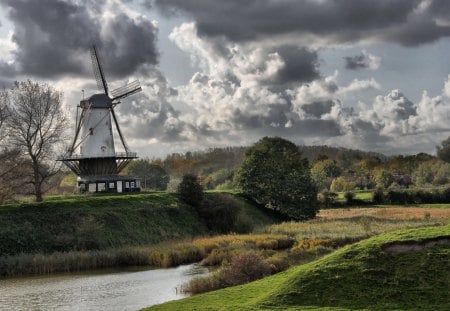 Windmill in Landscape - water, clouds, mill, hills, trees