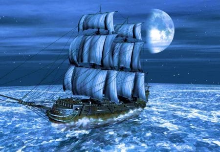 Blue Fantasy - moon, sailing, ocean, sailship