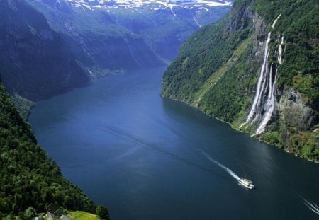 geiranger fjord norway - fjord, ships, waterfalls, mountains