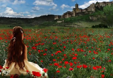 Princess in Flowerfield - field, landscape, poppies, castle