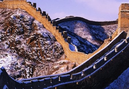 the great wall in winter - winter, mountains, rocks, wall