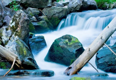 mountain waterfall in idaho - logs, foam, waterfall, rocks