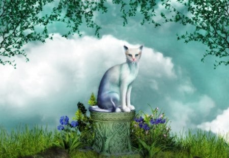 Fantasy Feline - pedastal, cat, trees, kitty, feline, plants, fantasy, clouds, rock, flowers, grass