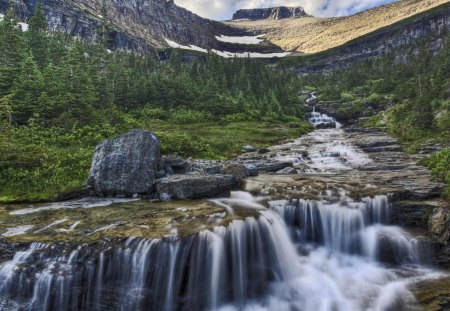 beautiful cascading mountain stream hdr - cascade, hdr, stream, forest, mountain