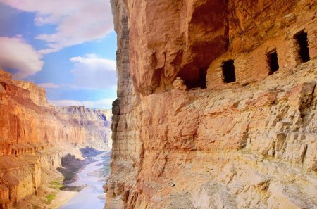 nankoweap ruins colorado river grand canyon - cliffs, river, ruins, canyon