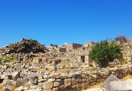 blue sky - deserted, old houses, sky, stones