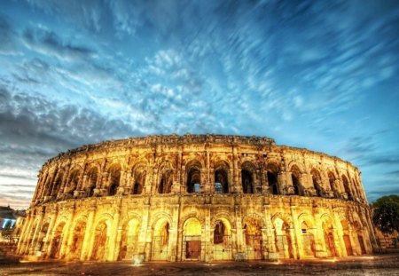 Colosseum Arenes de Nimes - France - amphitheater, ancient, ruins, night, empire, roman, rome, lights