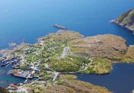 coastal village in norway from up high - village, mountain, cliffs, coast