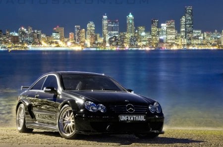 mercedes sport across the river from nyc - river, car, lights, ramp, city, night