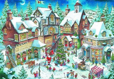 santa's village - moon, trees, buildings, snow