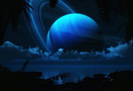 tropical moon - moon, water, blue, clouds