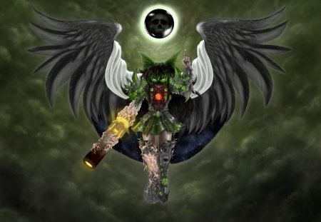 Reiuji Utsuho - moon, skirt, female, wings, utsuho, touhou, games, dark, clouds, green background, anime, weapon, video games, reiuji utsuho