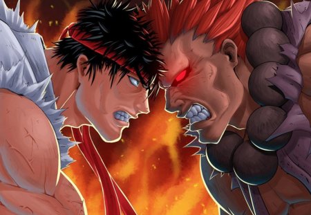 Ryu VS Akuma - ryu, anime, gouki, street fighter, fire, headband, akuma, fighters, flames, games, spiky hair, video games