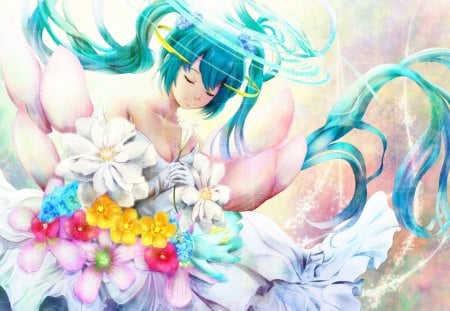 Hatsune Miku - aqua, hot, big boobs, music, anime girl, white, amazing, art, yellow, cool, petals, aqua eyes, artistic, hatsune miku, ecchi, sexy, big breasts, song, stunning, vocaloids, program, vocaloid, pink, beautiful, diva, cleavage, dress, beauty, nice, twintail, singer, aqua hair, black, virtual, pretty, idol, anime, miku, cute, twin tail, girl, cg, hatsune, blue, awesome, flowers, digital