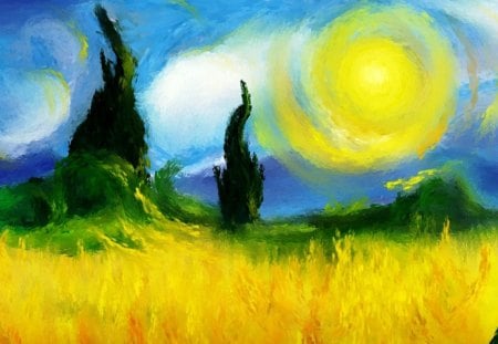 Impressionist painting - trees, nature, painting, cloud, field, sun