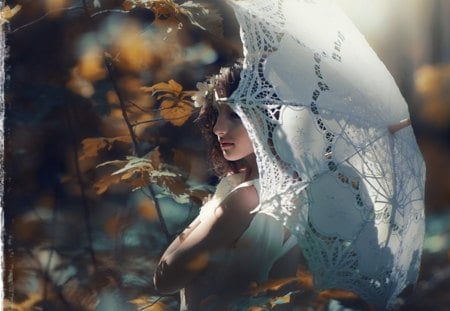 White Umbrella - leaves, white, woman, umbrella