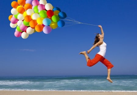 Happy summer day - beach, sky, water, colorful, enjoy, balloons, life, colors, happiness, happy day, sea