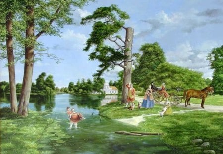 aristocratic date - horse, trees, water, people