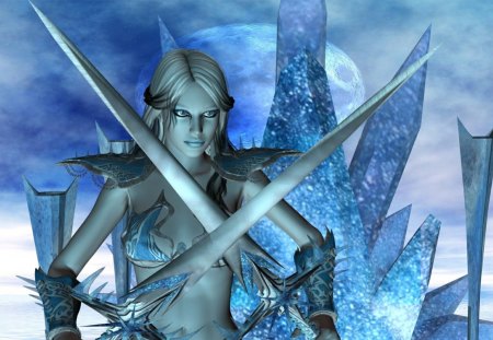 ice woman - woman, swords, blue, clouds