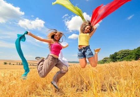 Be free - colorful, fields, girl, jump, sky