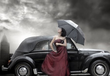 Girl - sky, ride, car, girl, umbrella, fashion