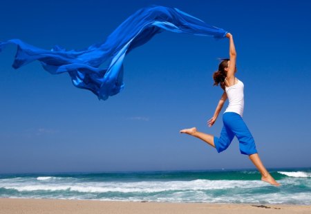 Jump high - blanket, blue, beach, girl, jump, sands