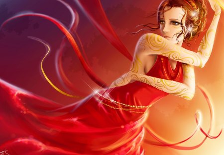 Fantasy - tattoo, art, girl, red dress, fantasy