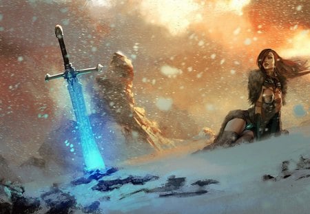 Magic Sword - woman, princess, beauty, mountain, girl, magic, fantasy, armor, art, snow, blue, sword