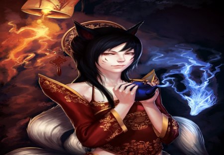 Ahri - tails, ghost, anime girl, female, league of legends, fox, hot, lamp, teapot, cool, lantern, ahri, fox girl, black hair, sexy