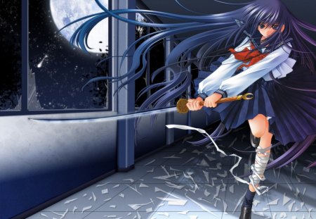 Azumi Hatsuki - hot, female, anime girl, black hair, window, cool, full moon, katana, ribbon, sword, moon, sexy, long hair, azumi hatsuki, school uniform, bow, break