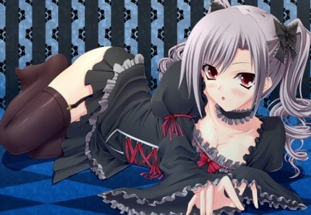 Kanzaki Ranko - female, dress, laying down, idolmaster, purple hair, twin tails, anime girl, idolmaster cinderella girls, hot, kanzaki ranko, thighhighs, blush, cool, sweet, hair bow, cute, sexy, bow