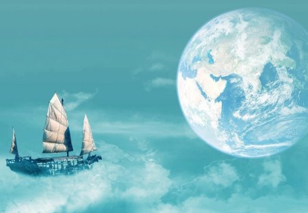 SKY VOYAGE TO EARTH - clouds, globe, blue yonder, oceans, planet, heavens, earth, boats, sailing, sailships, universe, ships, voyages, sky, vikings