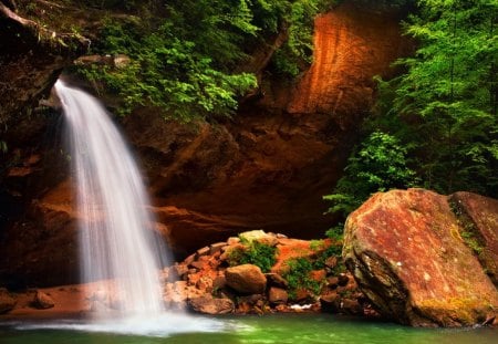 Lower falls - pretty, summer, stream, forest, nice, emerald, falling, water, beautiful, lovely, lower, stones, fall, nature, waterfall, green, rocks