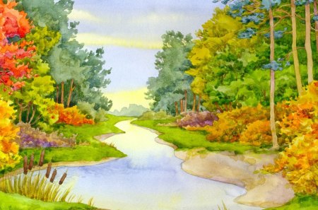 Autumn Creek Watercolor - season, autumn, sky, stream, water color, creek, painting, fall, art, river, color, soft, brook, bright, woods, forest, strees, leaves, chill